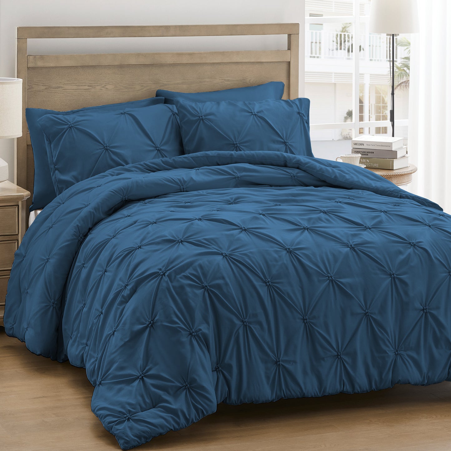 UNIKOME Queen Comforter Set Navy/Royal Blue - Lightweight Soft Pintuck Down Alternative Bedding Set for Summer, All Seasons, 3 Pieces Pinch Pleat Solid Bed Set with Comforter, 2 Pillowcases