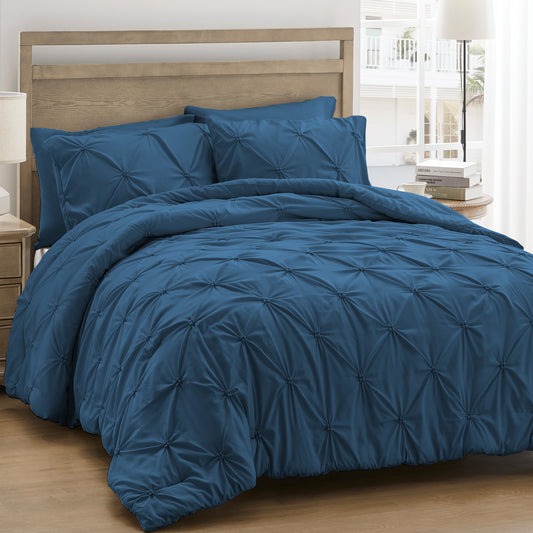 UNIKOME King Size Comforter Set Navy/Royal Blue - Lightweight Soft Pintuck Down Alternative Bedding Set for Summer, All Seasons, 3 Pieces Pinch Pleat Solid Bed Set with Comforter, 2 Pillowcases