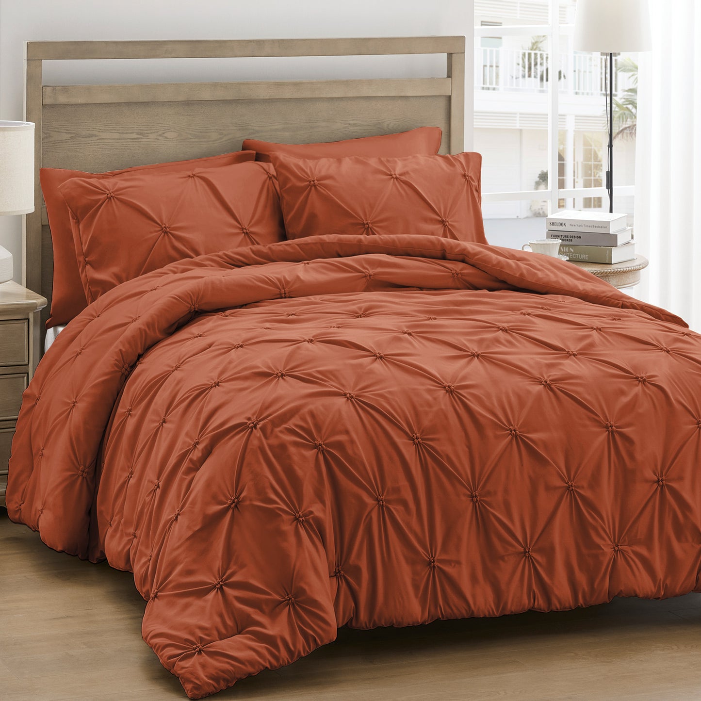 UNIKOME King Size Comforter Set Burnt Orange - Lightweight Soft Pintuck Down Alternative Bedding Set for Summer, All Seasons, 3 Pieces Pinch Pleat Solid Bed Set with Comforter, 2 Pillowcases