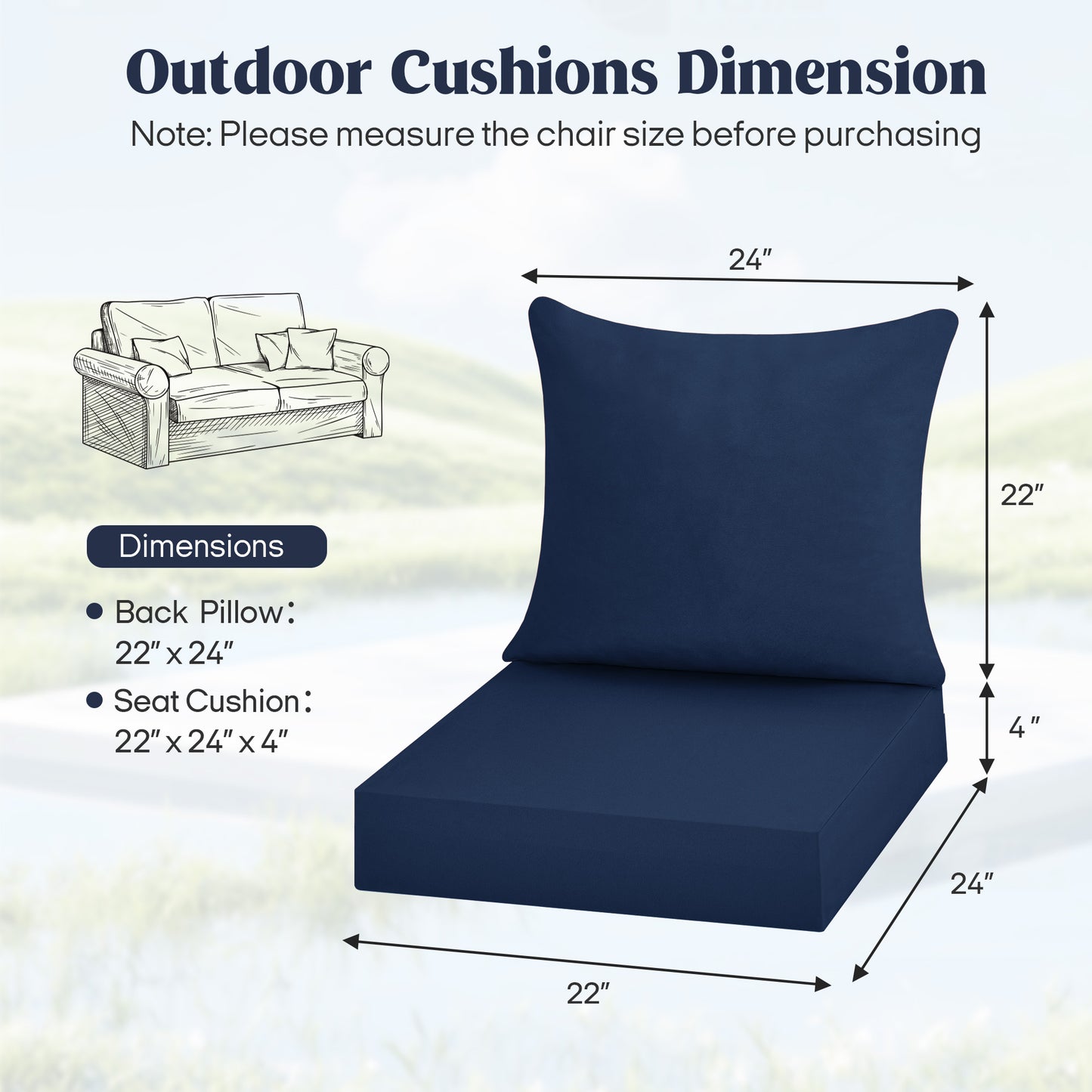 UNIKOME Outdoor Seat Cushions 22 X 24 X 4 Inch, Waterproof & Fade Resistant Patio Furniture Replacement Cushions with Removable Cover for Chair, Sofa, Couch, Wicker, Navy Blue