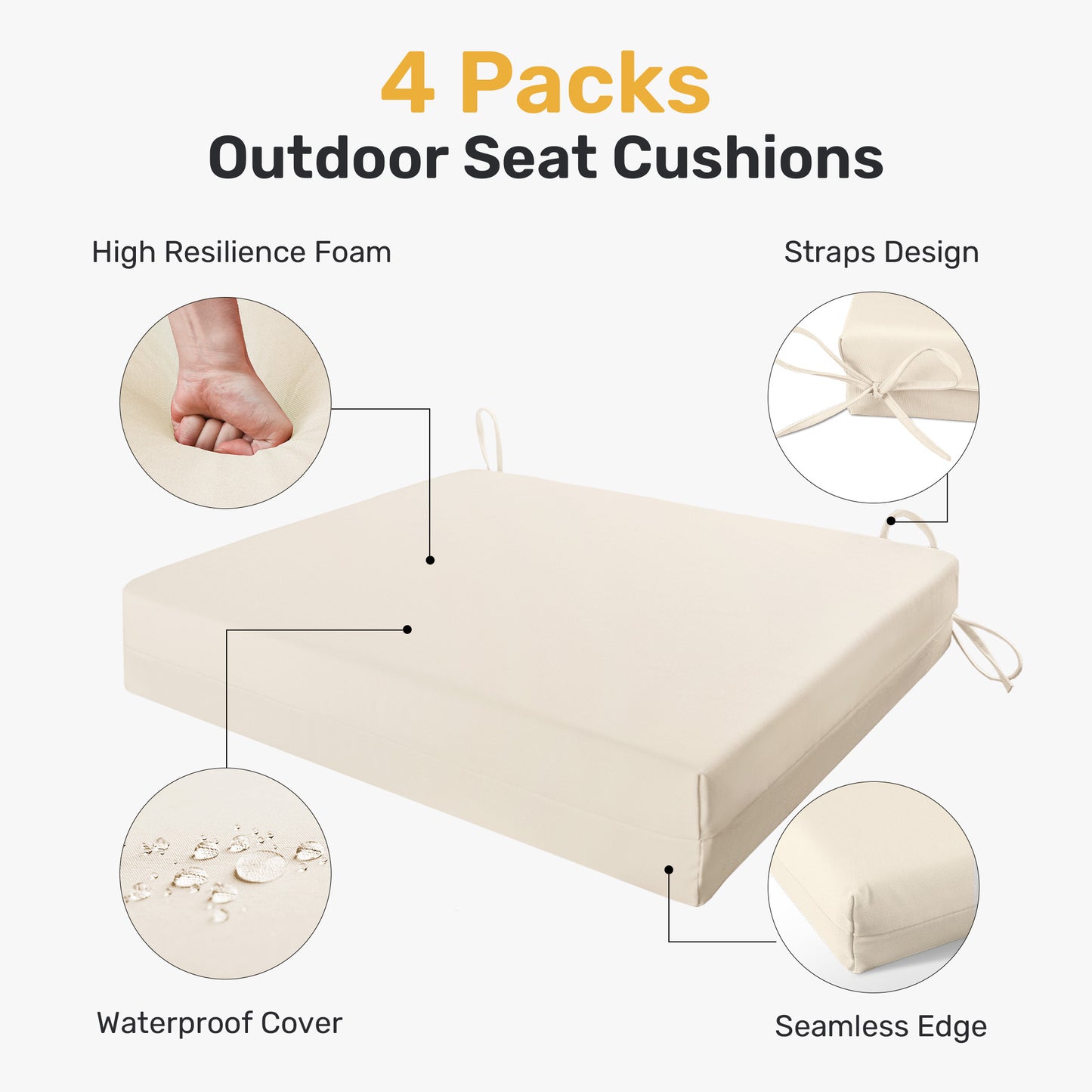 UNIKOME Outdoor Chair Cushions Pack of 4, Waterproof Patio Cushions with Ties, High Density Sponge Filling Square Corner Seat Cushions for Outdoor Furniture, 18.5"x16"x3"