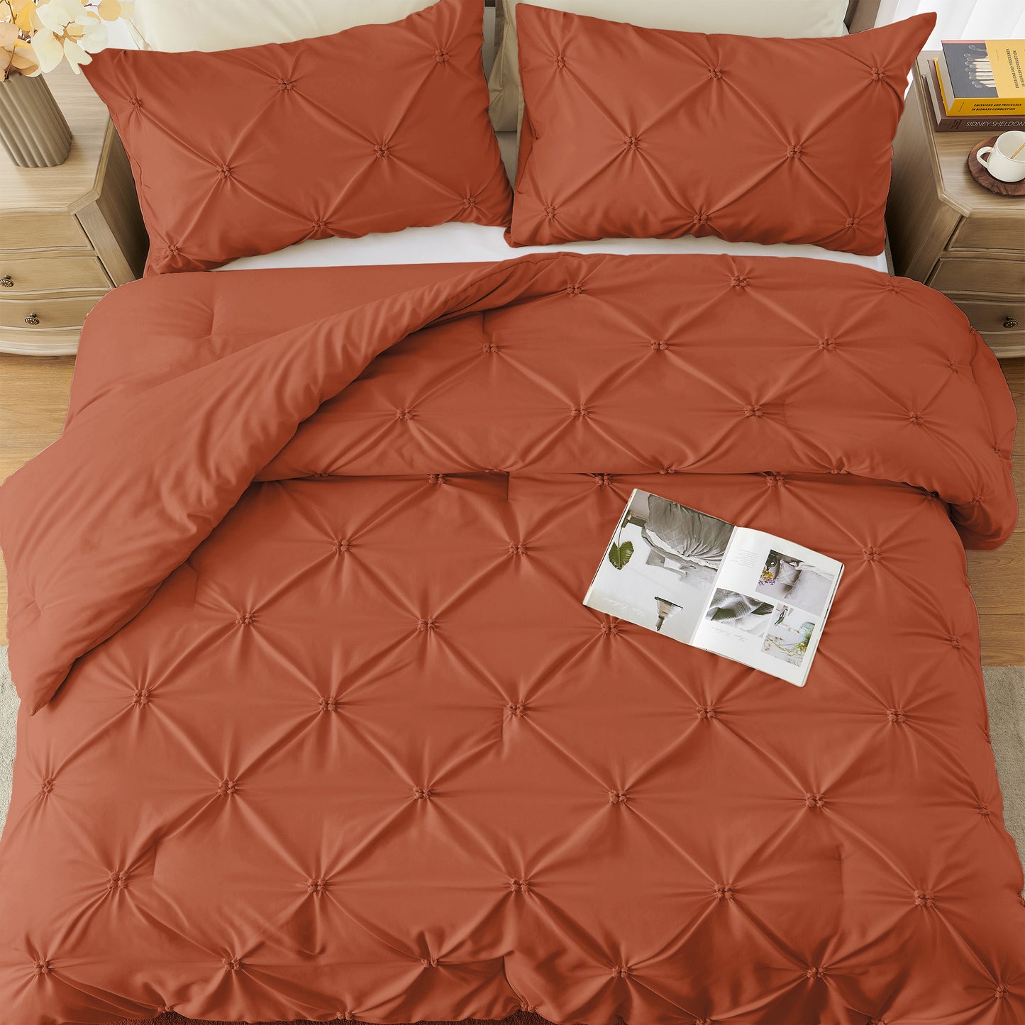 UNIKOME Queen Comforter Set Burnt Orange - Lightweight Soft Pintuck Down Alternative Bedding Set for Summer, All Seasons, 3 Pieces Pinch Pleat Solid Bed Set with Comforter, 2 Pillowcases