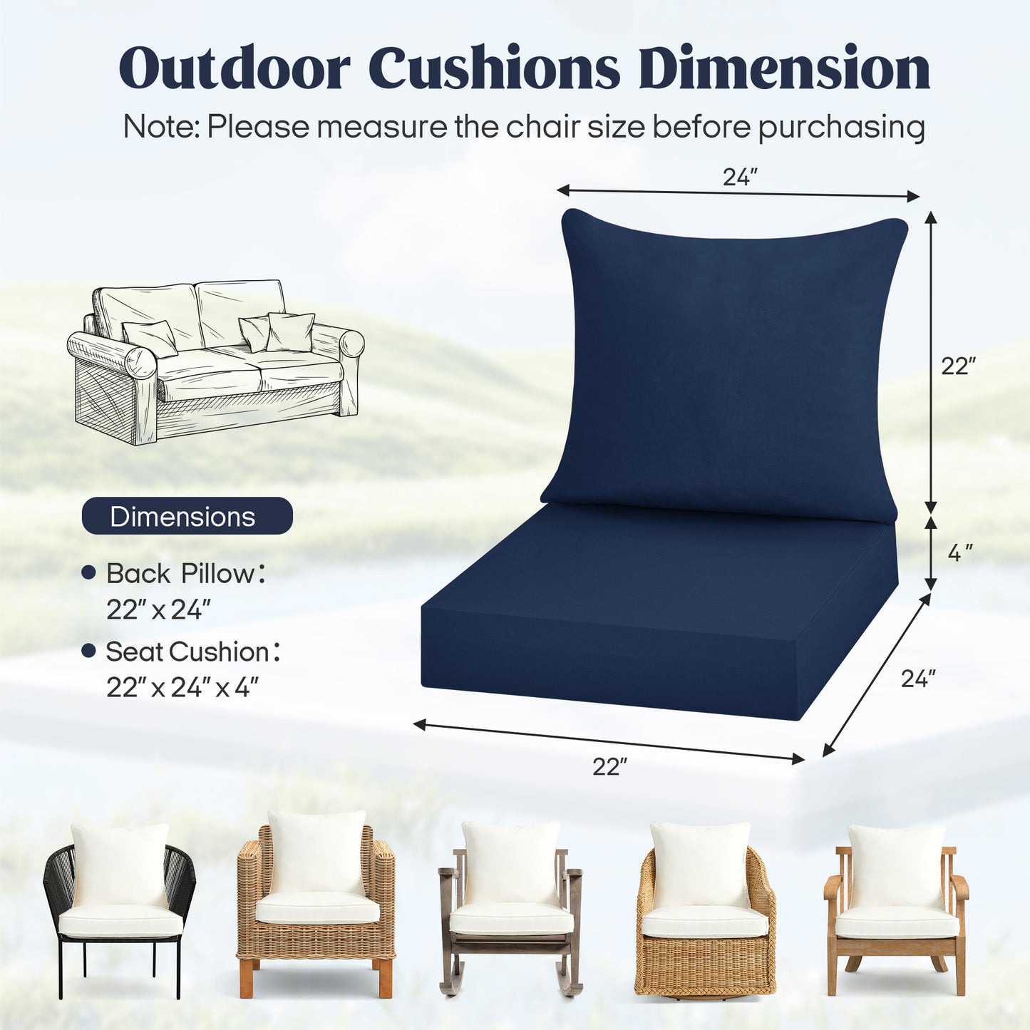 UNIKOME Outdoor Seat Cushions 22 X 24 X 4 Inch, Waterproof & Fade Resistant Patio Furniture Replacement Cushions with Removable Cover for Chair, Sofa, Couch, Wicker, Navy Blue