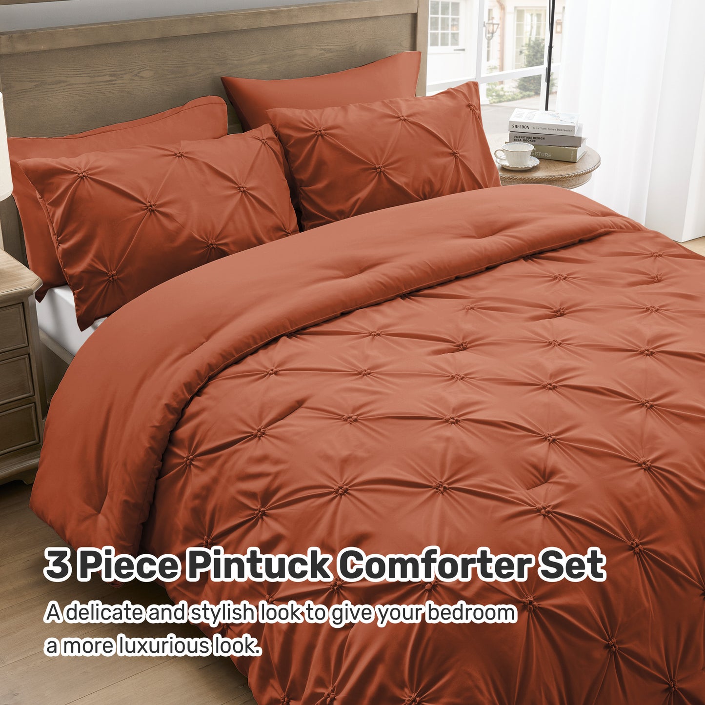 UNIKOME King Size Comforter Set Burnt Orange - Lightweight Soft Pintuck Down Alternative Bedding Set for Summer, All Seasons, 3 Pieces Pinch Pleat Solid Bed Set with Comforter, 2 Pillowcases