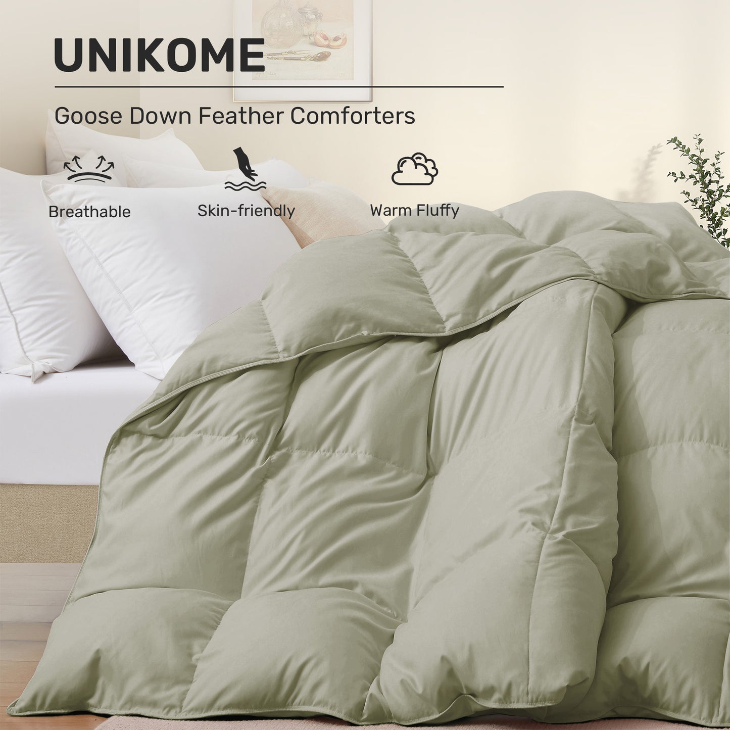 UNIKOME California Size Goose Feather Down Fiber Comforter, All Season Duvet Insert with Soft Downproof Cover, Fluffy Hotel Collection Bed Comforter with Corner Tabs (Sage Green, 108" X 94")
