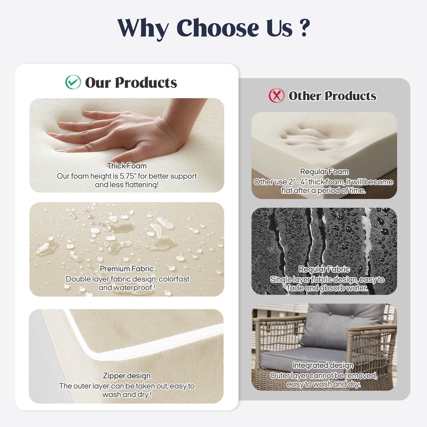 UNIKOME Outdoor Seat Cushions 22 X 24 X 4 Inch, Waterproof & Fade Resistant Patio Furniture Replacement Cushions with Removable Cover for Chair, Sofa, Couch, Wicker, Beige