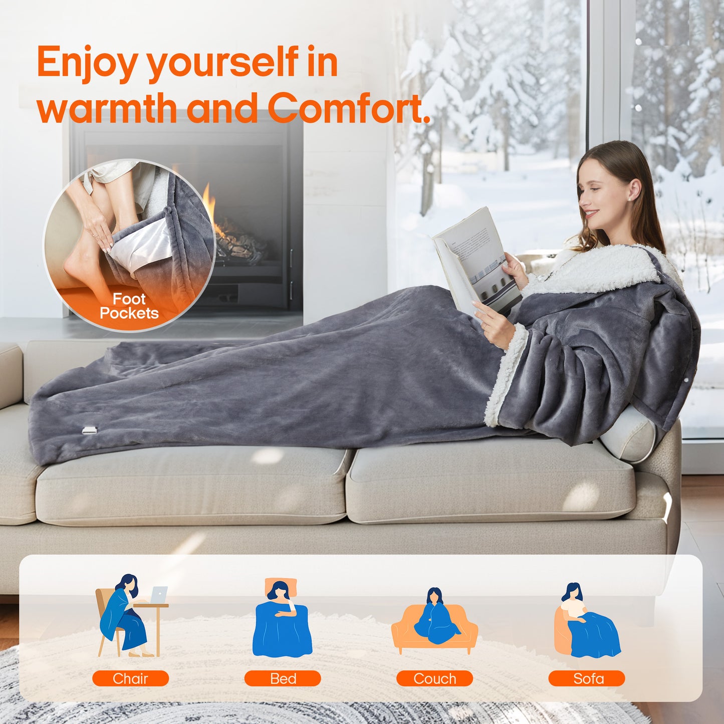UNIKOME Wearable Electric Heated Blanket, 50 x 70 Inch, Grey