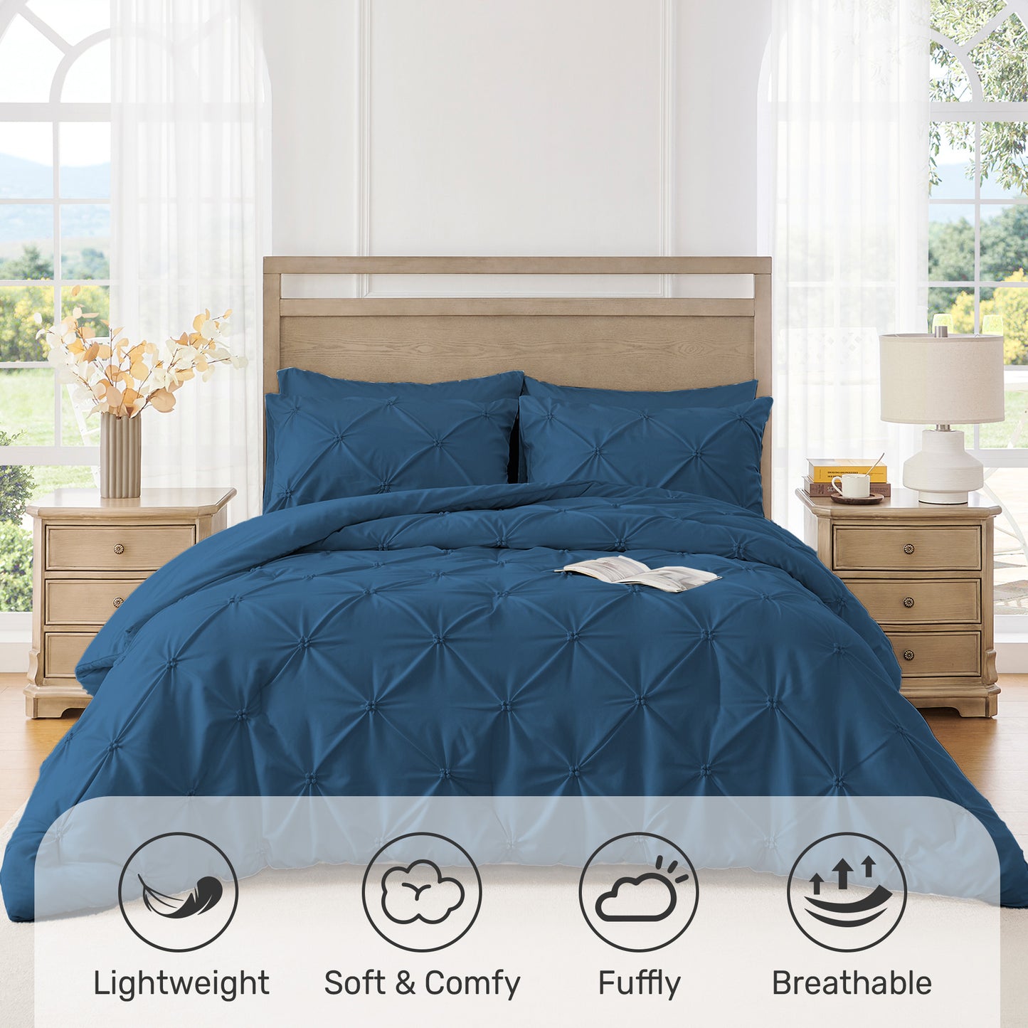 UNIKOME Queen Comforter Set Navy/Royal Blue - Lightweight Soft Pintuck Down Alternative Bedding Set for Summer, All Seasons, 3 Pieces Pinch Pleat Solid Bed Set with Comforter, 2 Pillowcases