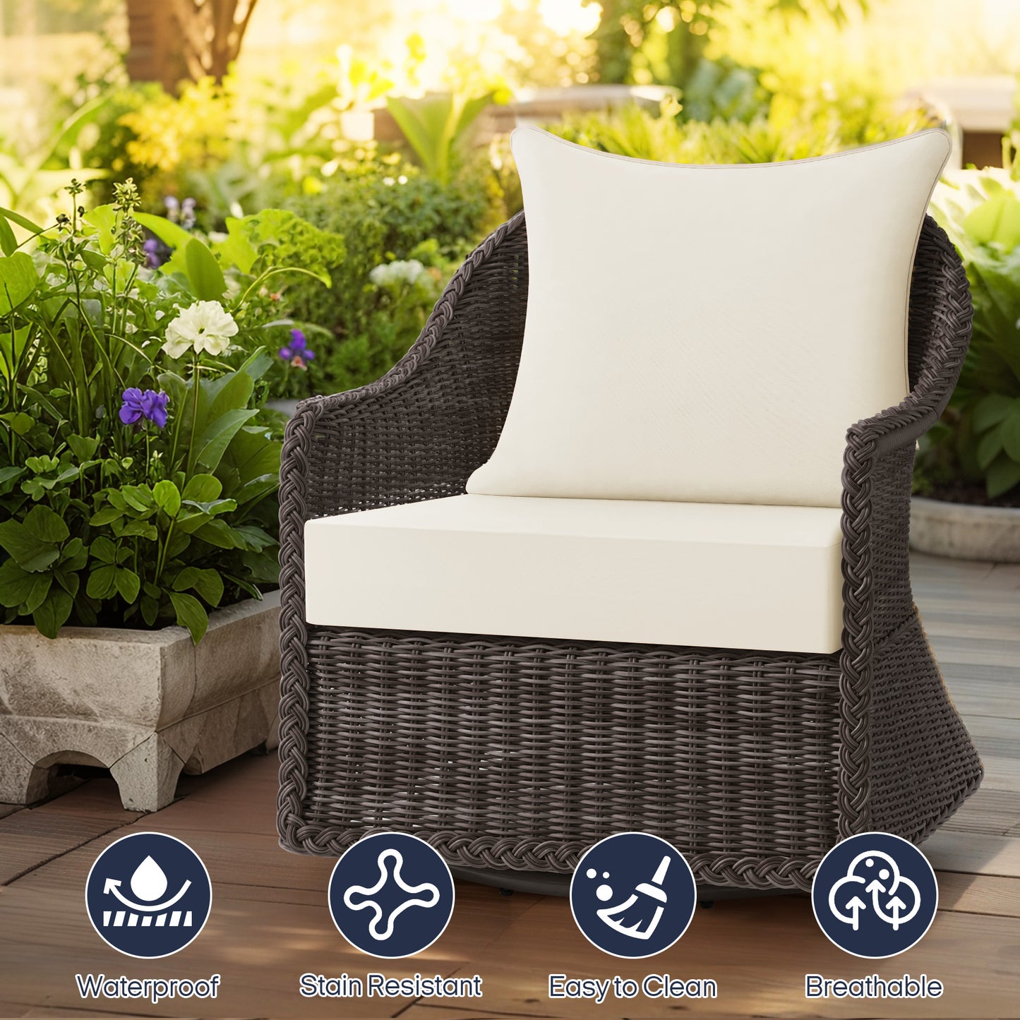 UNIKOME Outdoor Seat Cushions 22 X 24 X 4 Inch, Waterproof & Fade Resistant Patio Furniture Replacement Cushions with Removable Cover for Chair, Sofa, Couch, Wicker, Beige