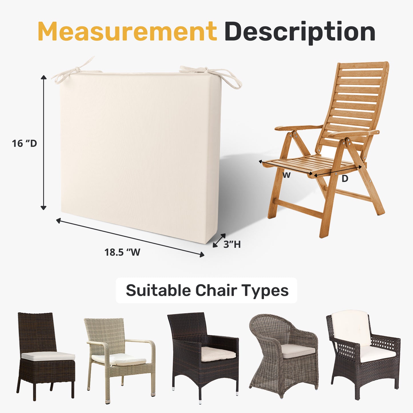 UNIKOME Outdoor Chair Cushions Pack of 4, Waterproof Patio Cushions with Ties, High Density Sponge Filling Square Corner Seat Cushions for Outdoor Furniture, 18.5"x16"x3"