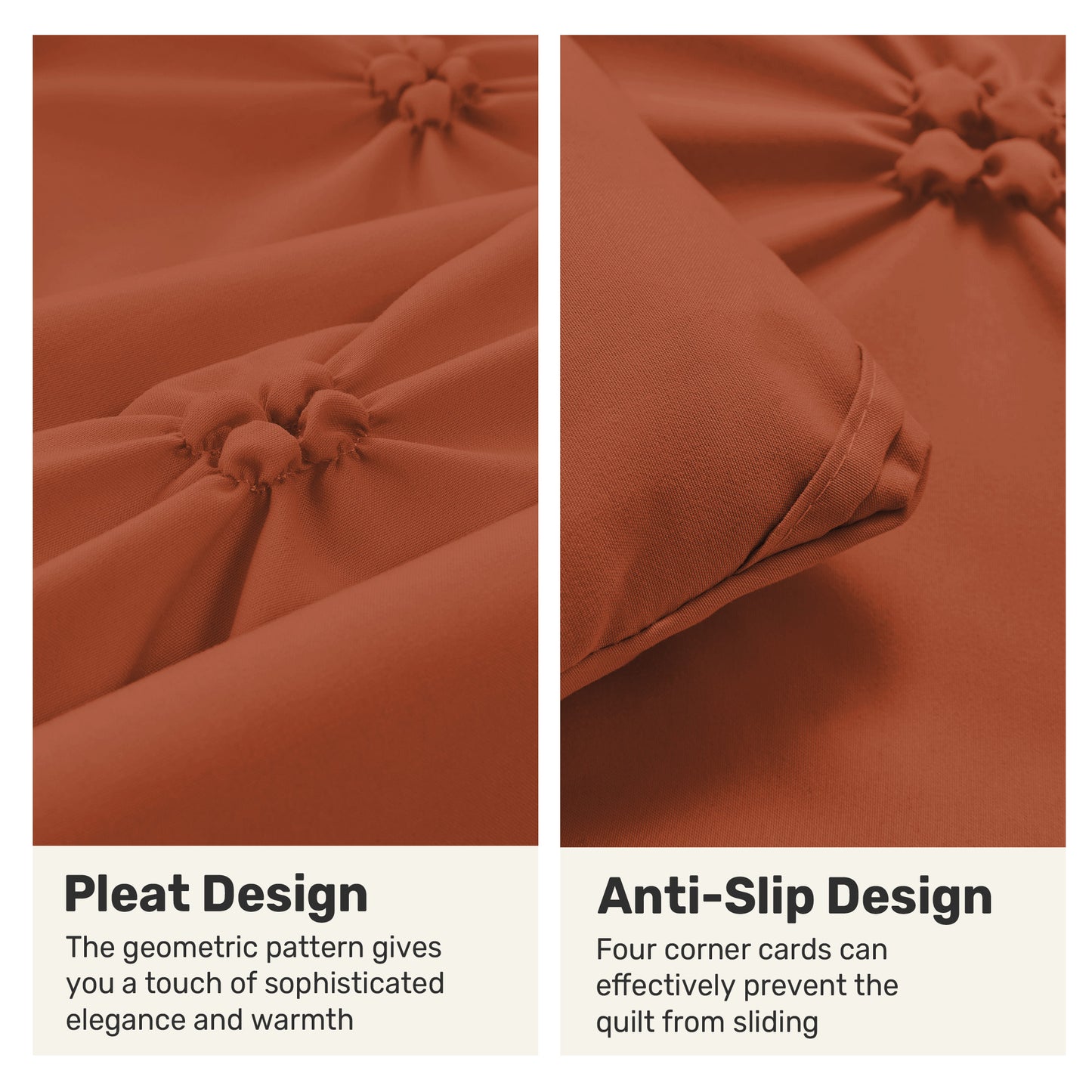 UNIKOME King Size Comforter Set Burnt Orange - Lightweight Soft Pintuck Down Alternative Bedding Set for Summer, All Seasons, 3 Pieces Pinch Pleat Solid Bed Set with Comforter, 2 Pillowcases