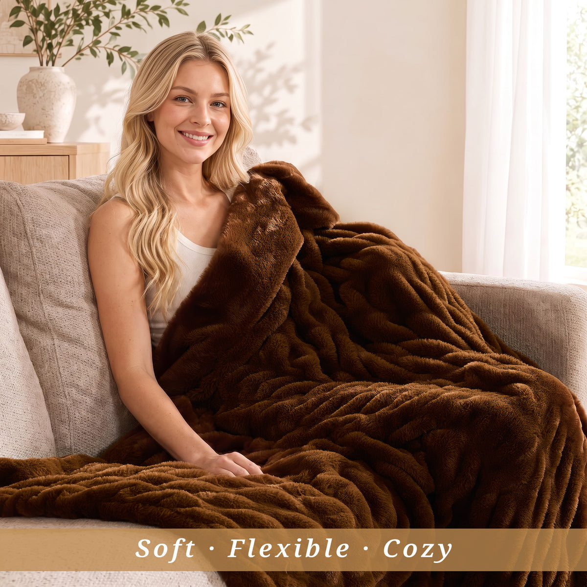 puredown®Faux Rabbit Fur Throw Blanket for Couch, 50"x60" Brown