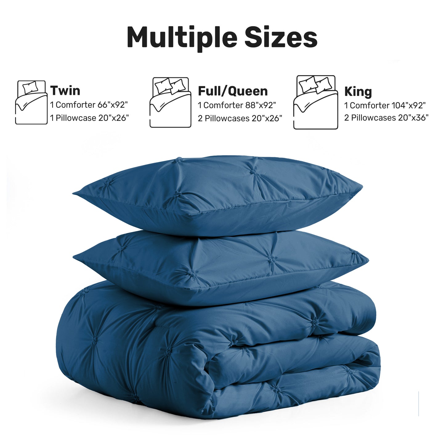 UNIKOME Queen Comforter Set Navy/Royal Blue - Lightweight Soft Pintuck Down Alternative Bedding Set for Summer, All Seasons, 3 Pieces Pinch Pleat Solid Bed Set with Comforter, 2 Pillowcases