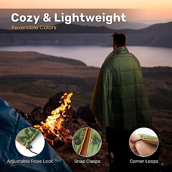 UNIKOME Outdoor Packable Camping Blanket, Lightweight Travel Blanket for Hiking, Camping, Dual-Sides Waterproof Puffy Down Alternative Camping Blanket with Snap Clasps, 75"×52",
