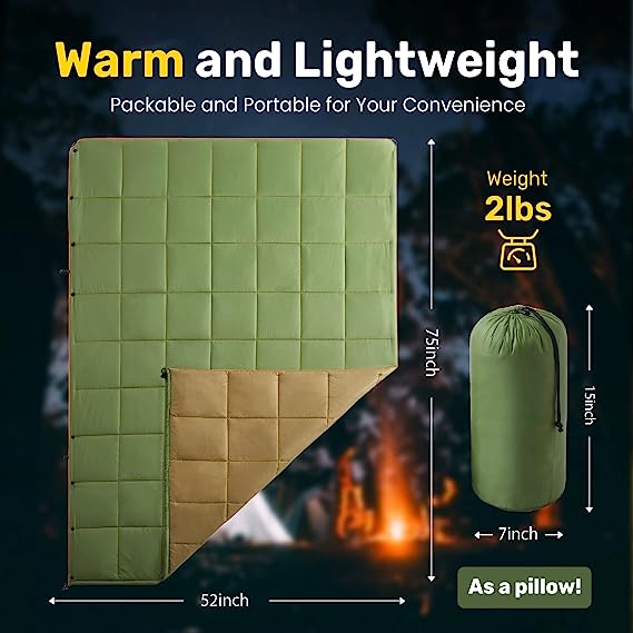 UNIKOME Outdoor Packable Camping Blanket, Lightweight Travel Blanket for Hiking, Camping, Dual-Sides Waterproof Puffy Down Alternative Camping Blanket with Snap Clasps, 75"×52",
