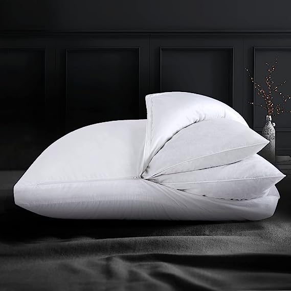 UNIKOME Adjustable 2 in 1 Layer Pillow, Goose Feathers Down Pillow with 100% Cotton Cover, Firm Support for Stomach, Side and Back Stomach Sleeper, Standard/Queen Size, Pack of 1, 20x28 Inches