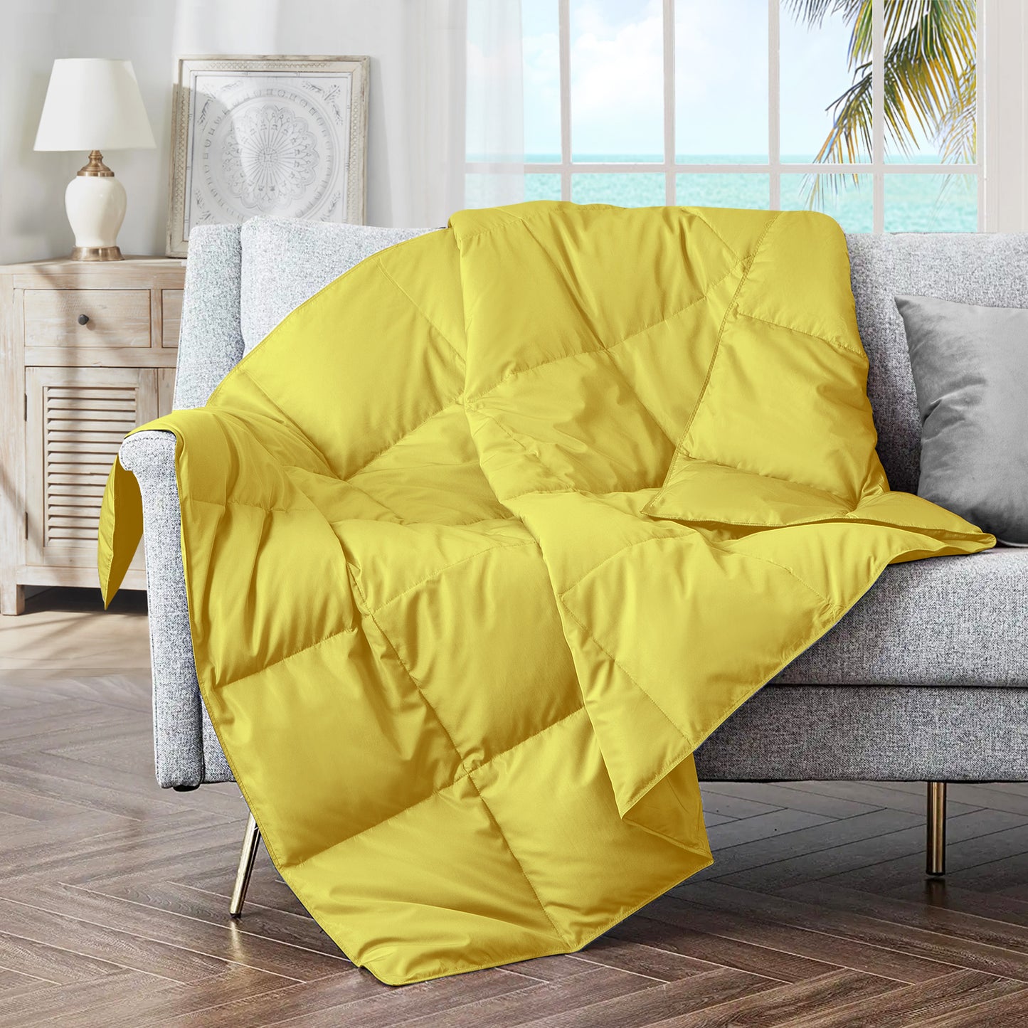 puredown® Soft Feather Down Throw Blanket Lightweight Packable Couch Throw for Indoor and Outdoor Use, 50"X70", Yellow