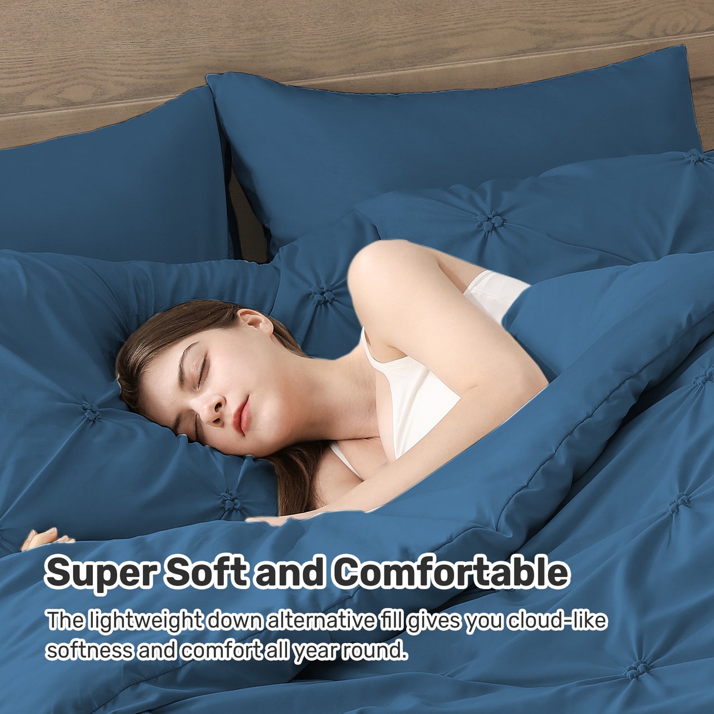 UNIKOME Queen Comforter Set Navy/Royal Blue - Lightweight Soft Pintuck Down Alternative Bedding Set for Summer, All Seasons, 3 Pieces Pinch Pleat Solid Bed Set with Comforter, 2 Pillowcases