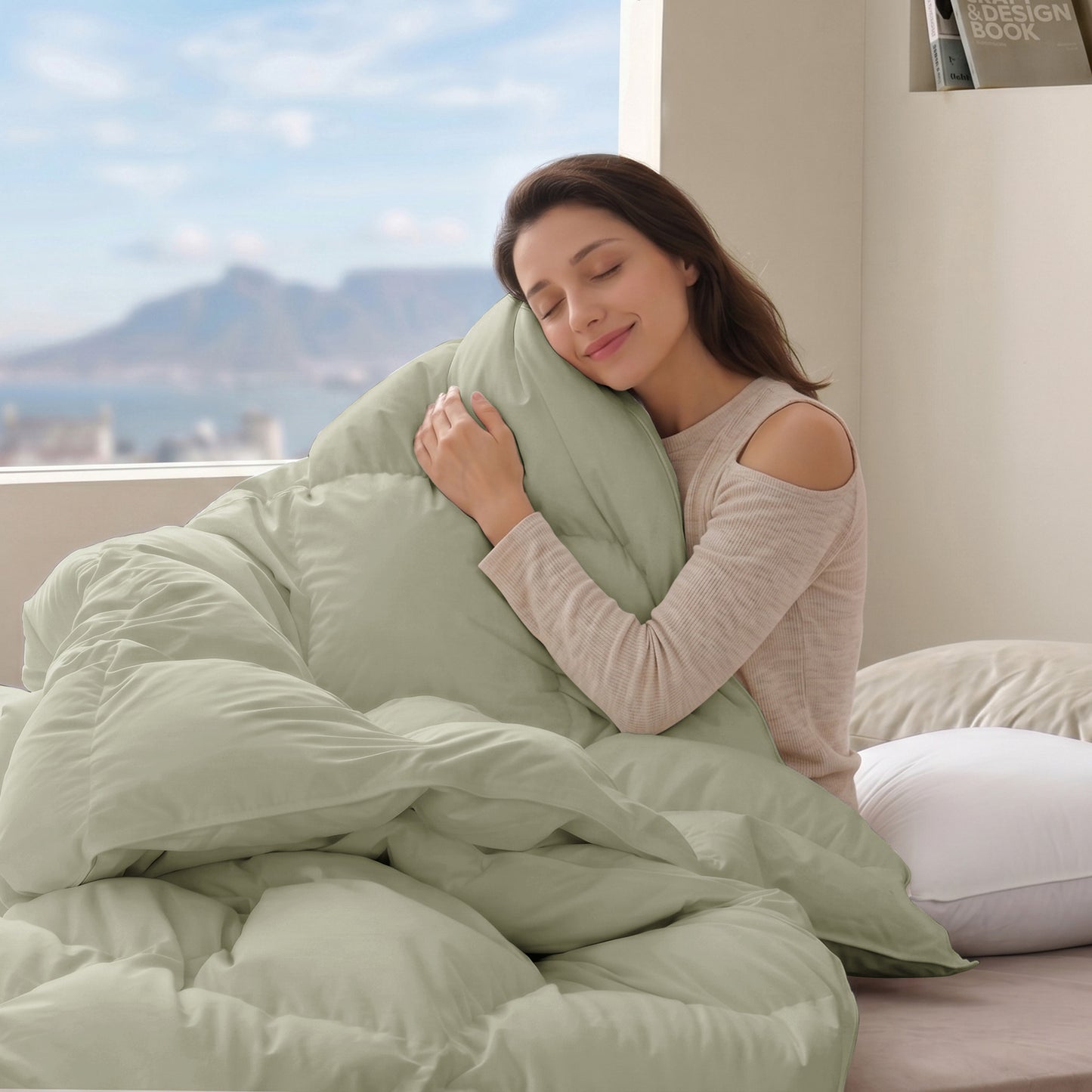 UNIKOME Goose Feather Down Fiber Comforter Cal King Size, All Season Hotel Luxury Bedding Comforter, Ultra Soft Fluffy Duvet Insert with Downproof Cover, 8 Corner Loops(Cal King,Sage Green,108"X94")