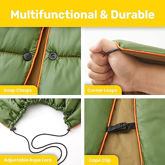 UNIKOME Outdoor Packable Camping Blanket, Lightweight Travel Blanket for Hiking, Camping, Dual-Sides Waterproof Puffy Down Alternative Camping Blanket with Snap Clasps, 75"×52",