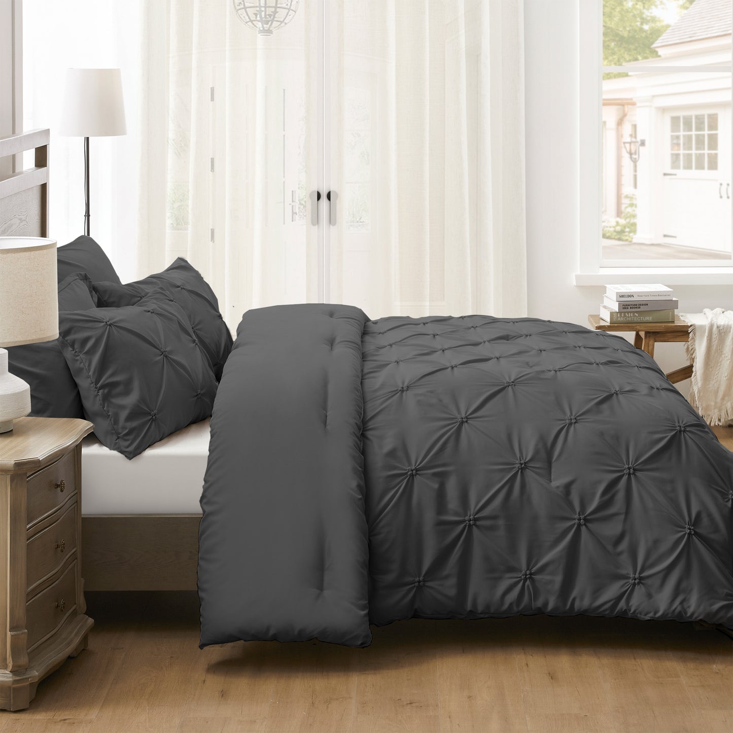UNIKOME King Comforter Set Dark Gray - Ultra Soft Boho Pintuck Down Alternative Bedding Set for Winter, All Seasons, 3 Pieces Lightweight Warm Pinch Pleat Bed Set with Comforter, 2 Pillowcases