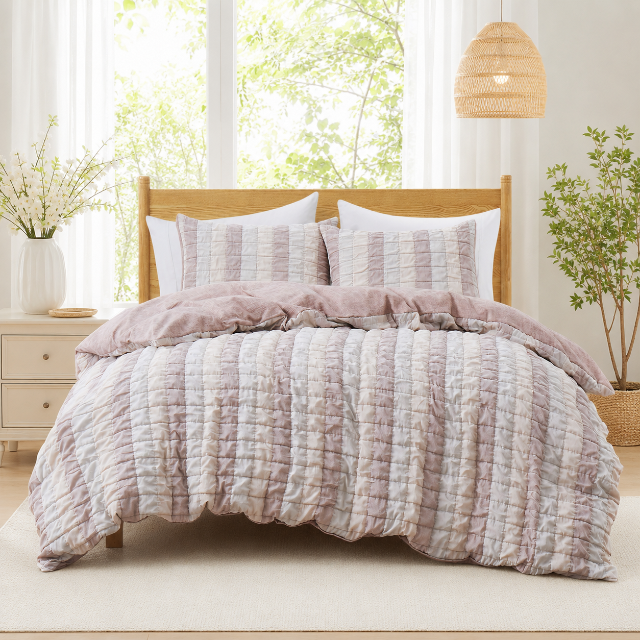 Unikome Pink Duvet Cover Set, 3 Piece Bed Set with Comforter Cover and Pillow Shams, Soft Bedding Set with 4 Corner Ties, Zipper Closure, Machine Washable