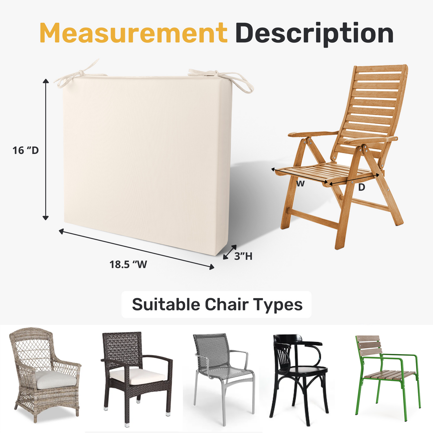 UNIKOME Outdoor Chair Cushions Pack of 4, Waterproof Patio Cushions with Ties, High Density Sponge Filling Square Corner Seat Cushions for Outdoor Furniture, 18.5"x16"x3"