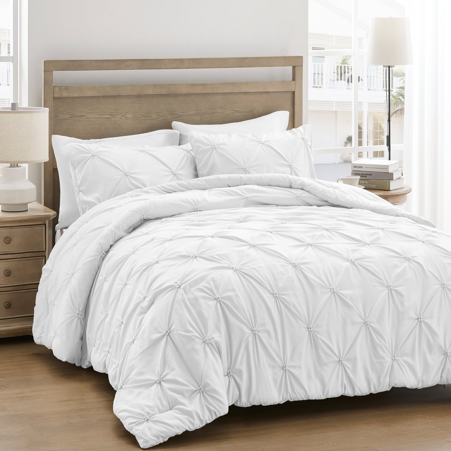 UNIKOME Queen Size Comforter Set White - Lightweight Soft Pintuck Down Alternative Bedding Set for Summer, All Seasons, 3 Pieces Pinch Pleat Solid Bed Set with Comforter, 2 Pillowcases