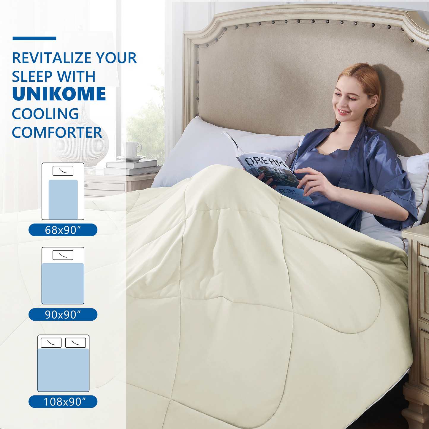 UNIKOME Dual-Sided Cooling Comforter, Luxury Summer Lightweight Silk Smooth Cooling Blanket for Night Sweats Hot Sleeper - Down Alternative Filling, Washable