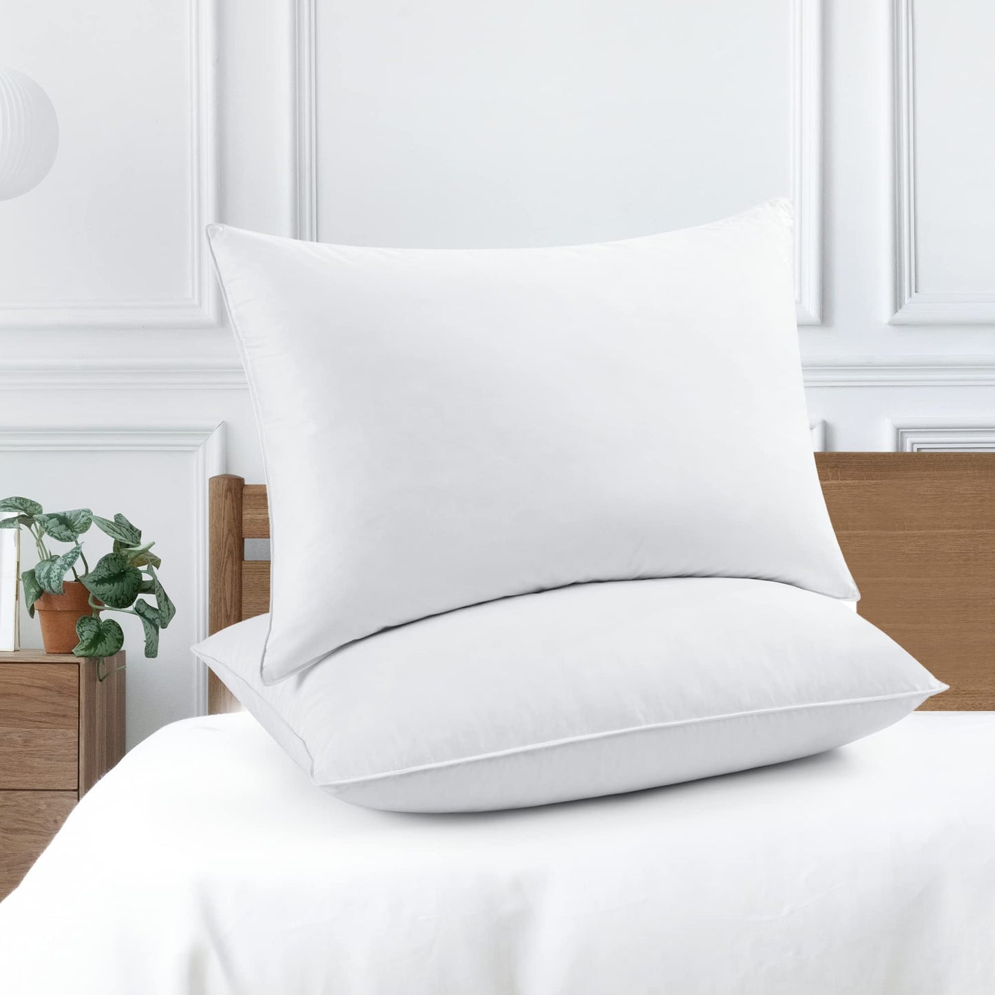 UNIKOME Goose Feather Down Pillows Set of 2 - Soft Breathable Medium Firm Bed Pillow, Luxury Hotel Collection Pillow for Back, Stomach or Side Sleeper.