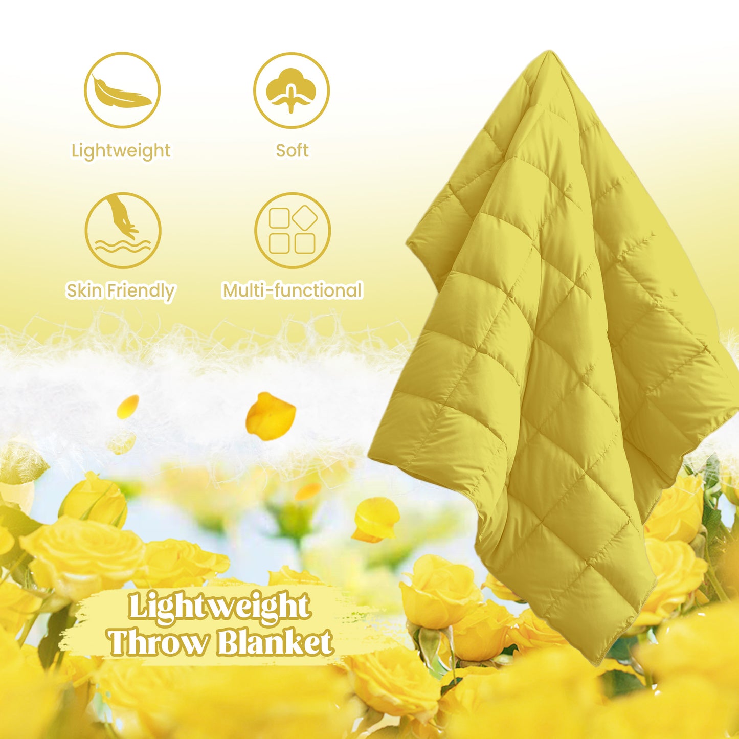 puredown® Soft Feather Down Throw Blanket Lightweight Packable Couch Throw for Indoor and Outdoor Use, 50"X70", Yellow