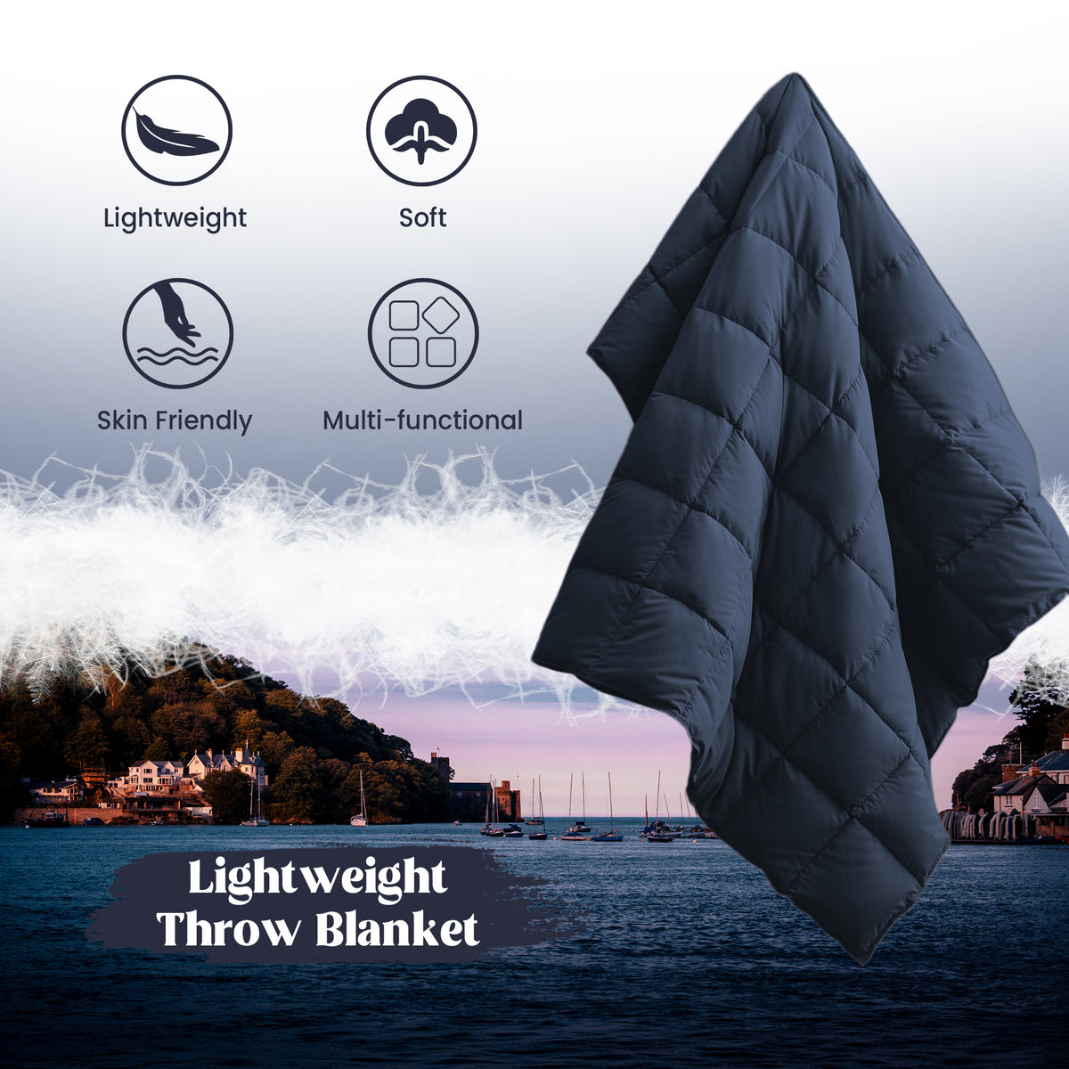 puredown® Feather Down Throw Blanket for Couch Decor Gift 50"X60" Navy