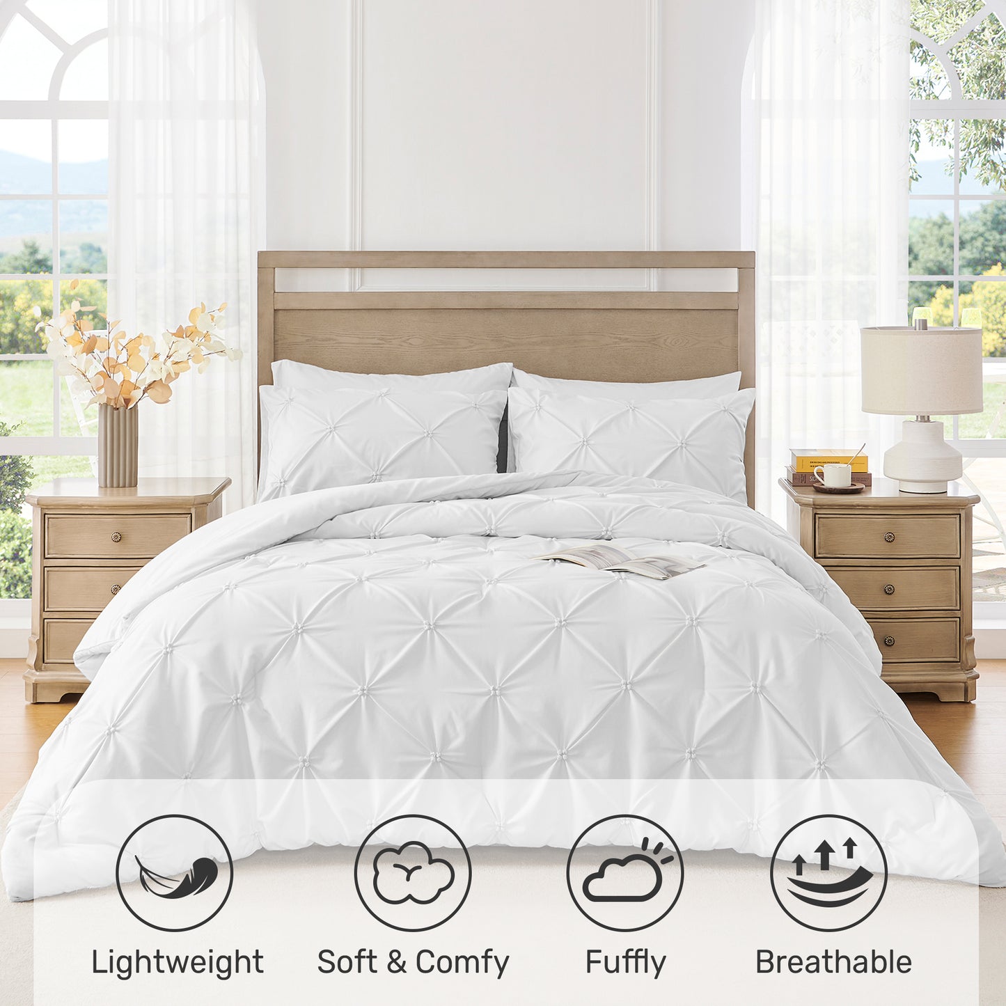 UNIKOME Queen Size Comforter Set White - Lightweight Soft Pintuck Down Alternative Bedding Set for Summer, All Seasons, 3 Pieces Pinch Pleat Solid Bed Set with Comforter, 2 Pillowcases
