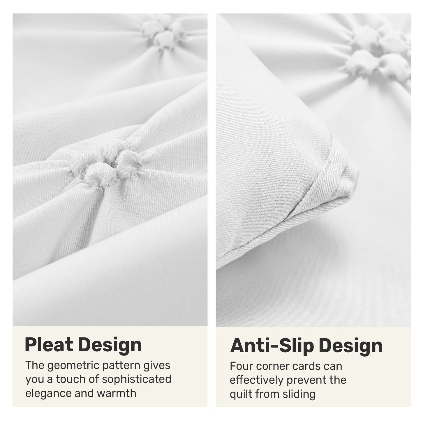 UNIKOME Queen Size Comforter Set White - Lightweight Soft Pintuck Down Alternative Bedding Set for Summer, All Seasons, 3 Pieces Pinch Pleat Solid Bed Set with Comforter, 2 Pillowcases