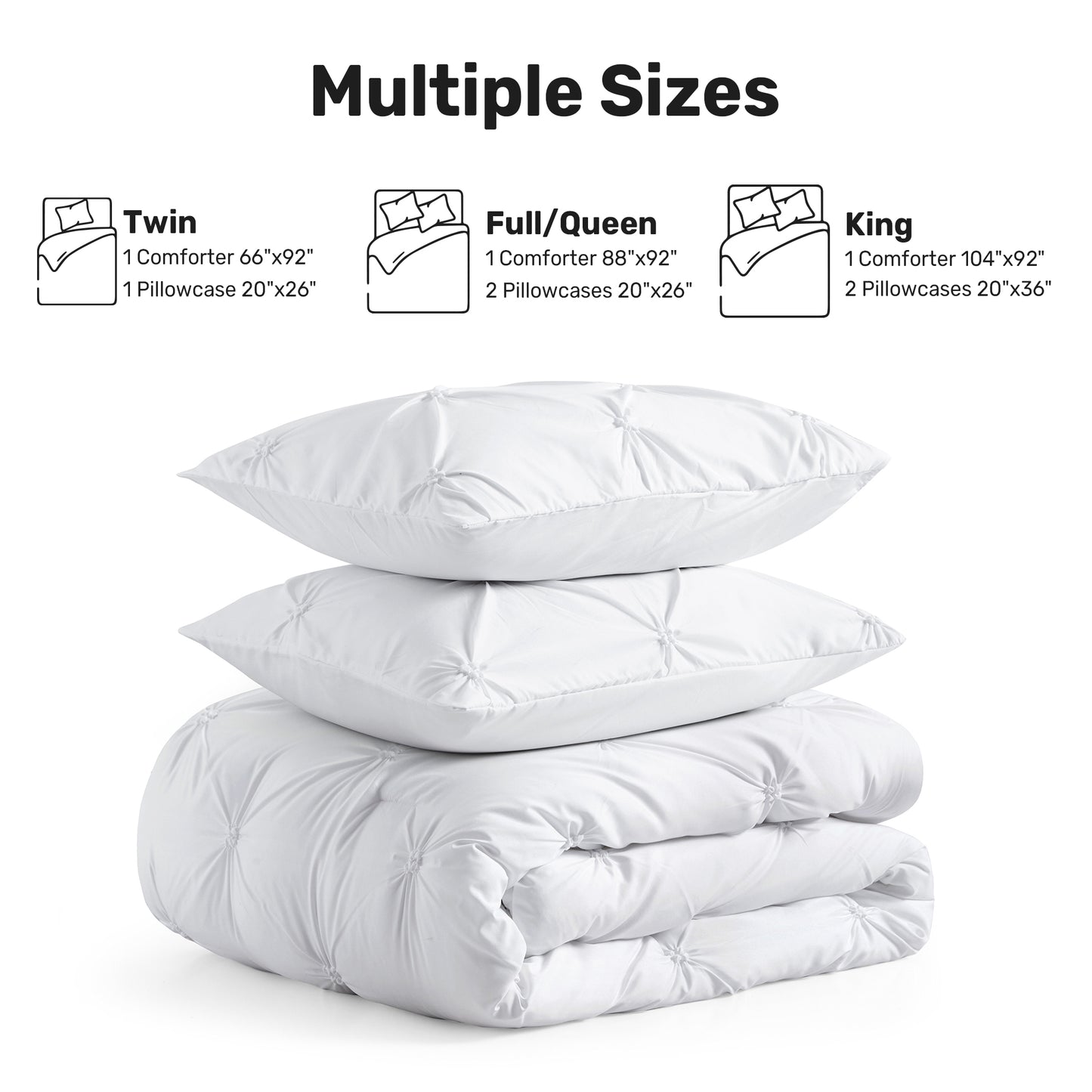 UNIKOME Queen Size Comforter Set White - Lightweight Soft Pintuck Down Alternative Bedding Set for Summer, All Seasons, 3 Pieces Pinch Pleat Solid Bed Set with Comforter, 2 Pillowcases
