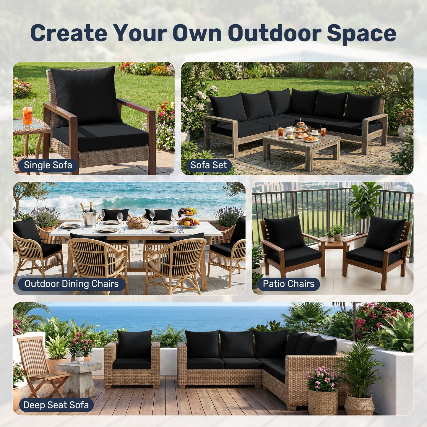 UNIKOME Outdoor Seat Cushions 24 X 24 Inch - Removable Cover, Fade Resistant & Water-resistant Patio Furniture Cushions for Chair, Sofa, Couch, Wicker