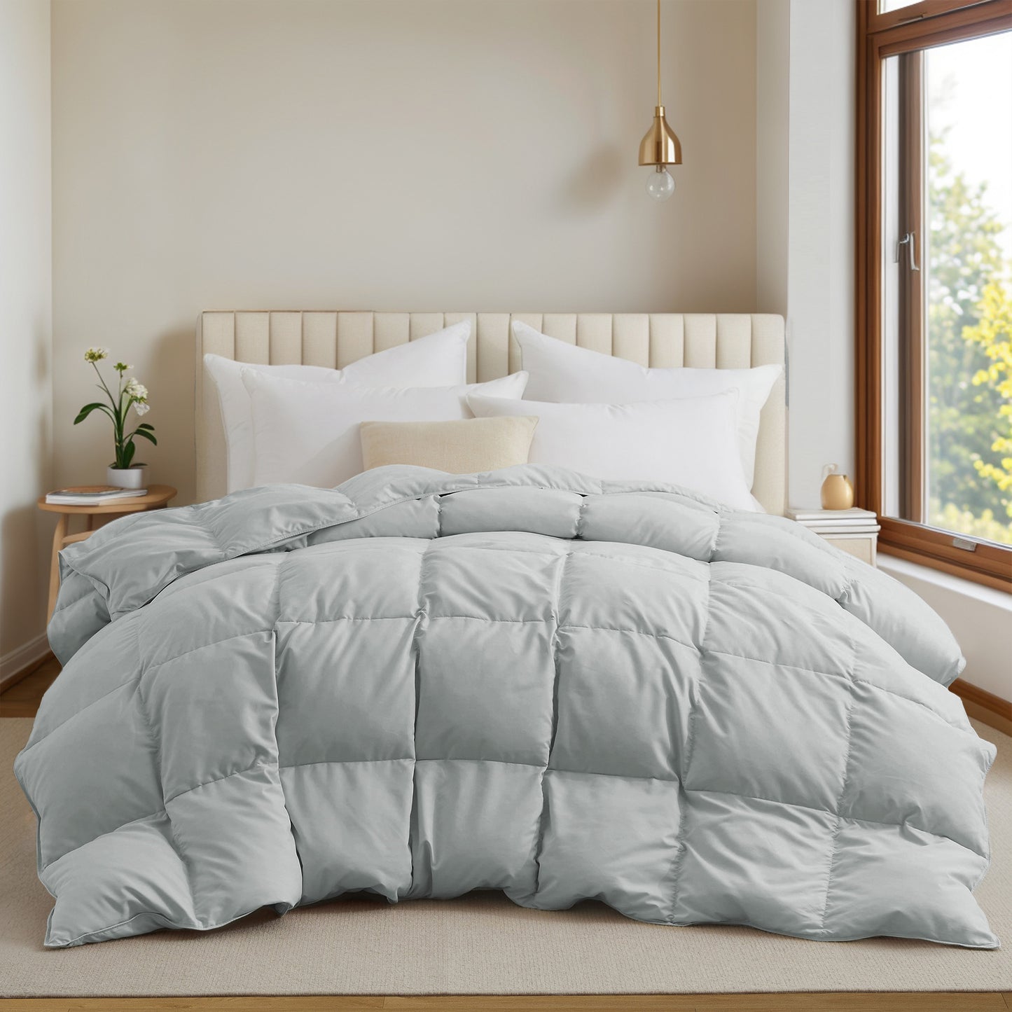 UNIKOME California Size Goose Feather Down Fiber Comforter, All Season Duvet Insert with Soft Downproof Cover, Fluffy Hotel Collection Bed Comforter with Corner Tabs (Light Gray, 108" X 94")