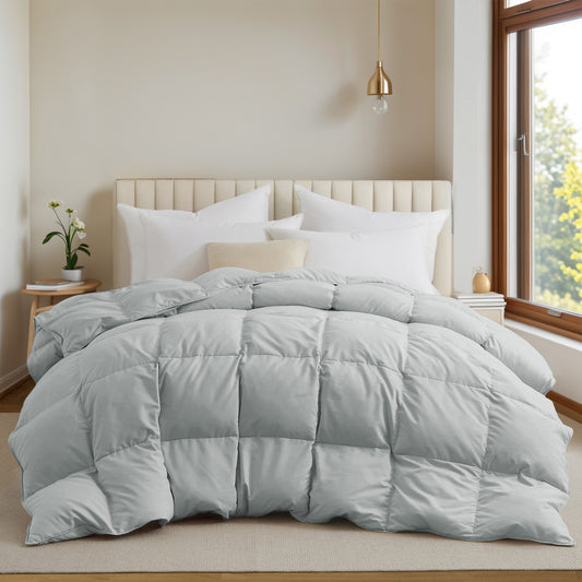 UNIKOME California Size Goose Feather Down Fiber Comforter, All Season Duvet Insert with Soft Downproof Cover, Fluffy Hotel Collection Bed Comforter with Corner Tabs (Light Gray, 108" X 94")