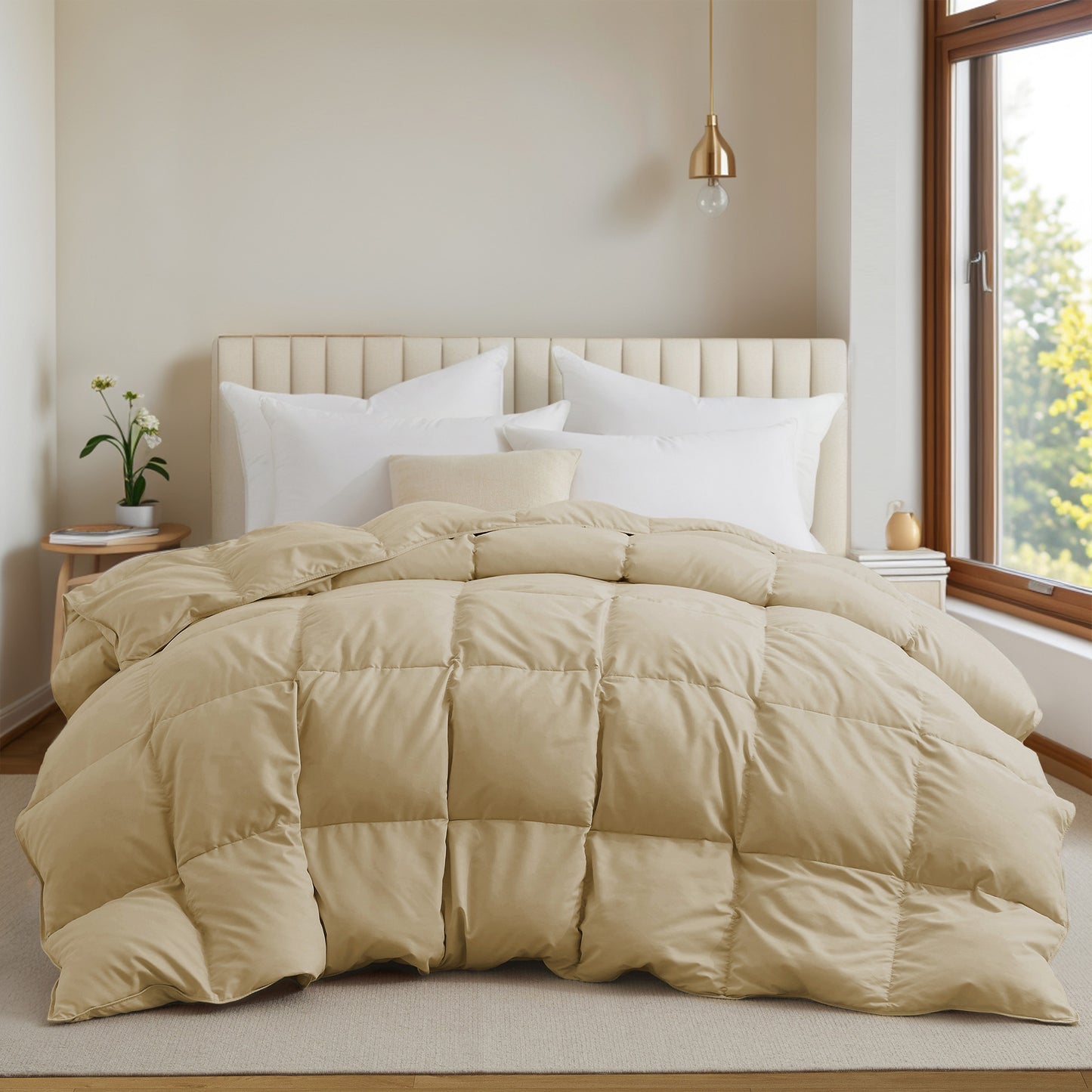 UNIKOME California Size Goose Feather Down Fiber Comforter, All Season Duvet Insert with Soft Downproof Cover, Fluffy Hotel Collection Bed Comforter with Corner Tabs (Ginger Yellow, 108" X 94")