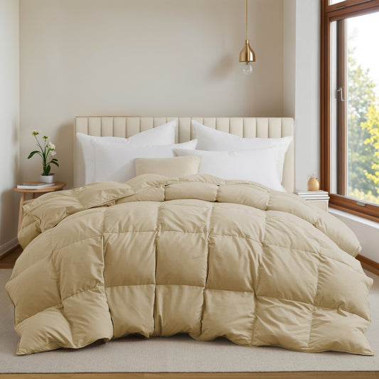 UNIKOME Queen Size Goose Feather Down Fiber Comforter, All Season Duvet Insert with Soft Downproof Cover, Cloud-Like Fluffy Hotel Collection Bed Comforter with Corner Tabs (Ginger Yellow, 88" X 88")