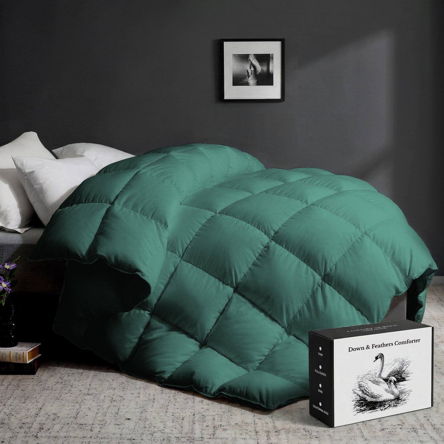 UNIKOME Goose Feather Down Fiber Comforter King Size, All Season Duvet Insert with Soft Downproof Cover, Medium Warm Hotel-Luxury Fluffy Quilted Bed Comforter (104"X88", Green)
