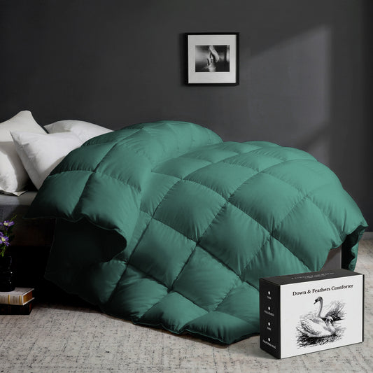 UNIKOME Goose Feather Down Fiber Comforter King Size, All Season Duvet Insert with Soft Downproof Cover, Medium Warm Hotel-Luxury Fluffy Quilted Bed Comforter (104"X88", Green)