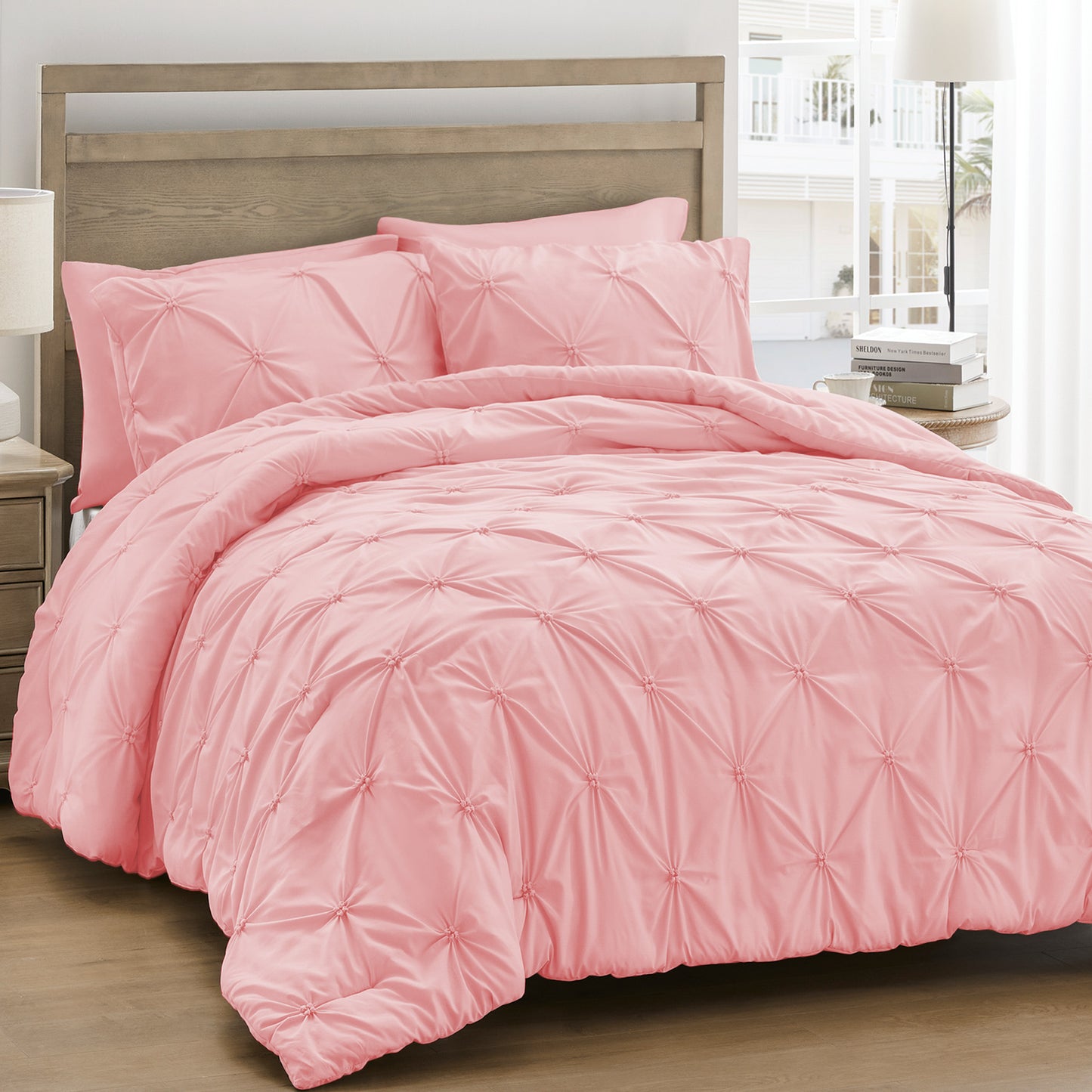 UNIKOME Queen Comforter Set Pink - Ultra Soft Boho Pintuck Down Alternative Bedding Set for Winter, All Seasons, 3 Pieces Lightweight Warm Pinch Pleat Bed Set with Comforter, 2 Pillowcases