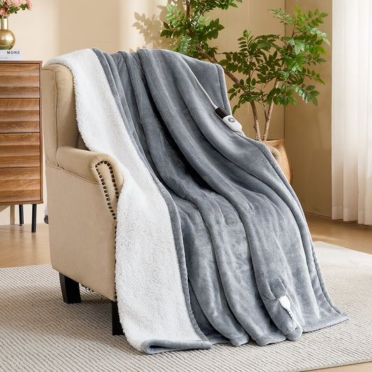 puredown® Electric Heated Blanket Throw – Soft Flannel Sherpa Heated Throw Blanket with 6 Heat Levels 1-12H Auto Off，ETL Certified Overheat Protection