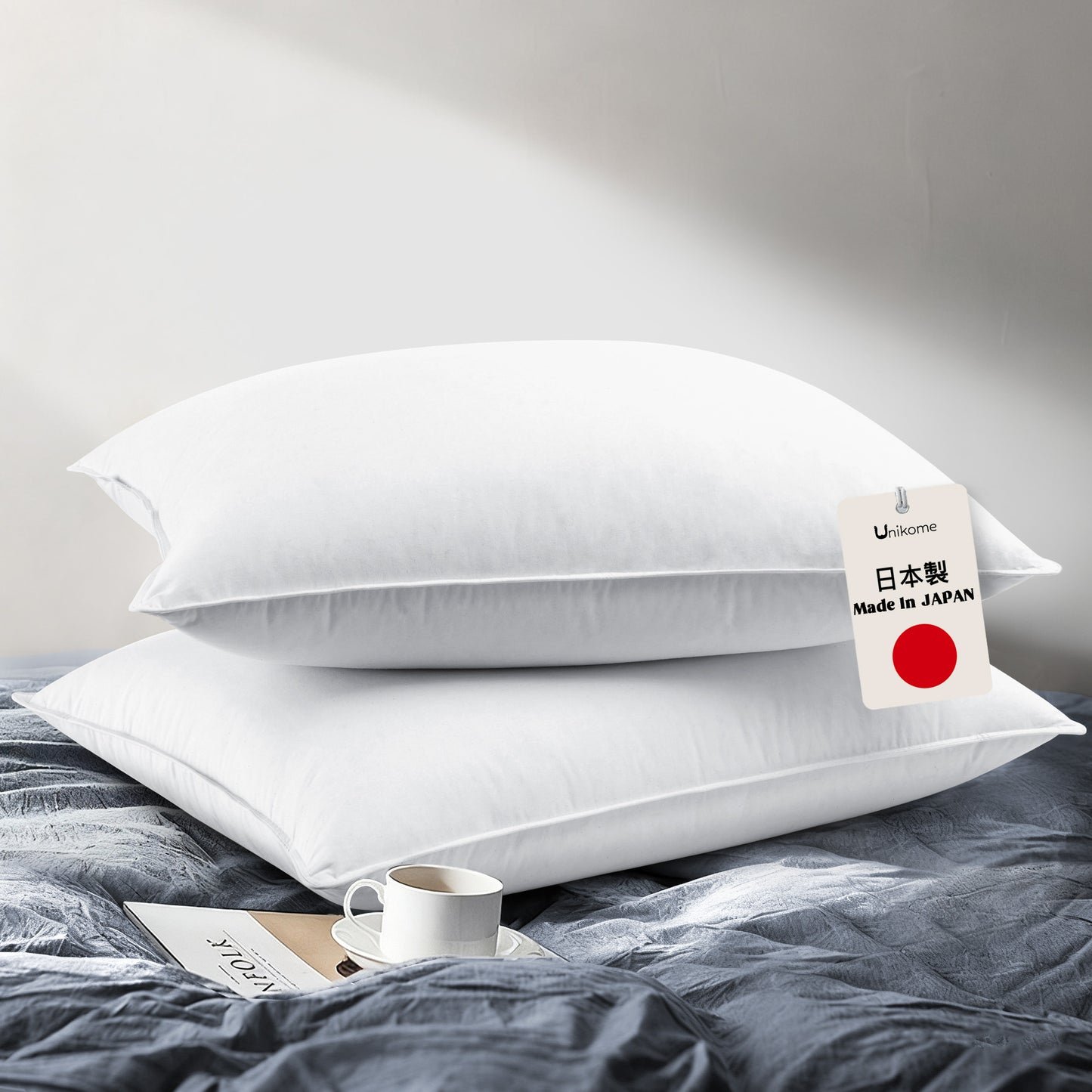 UNIKOME White Goose Down Feather Pillows - 100% Cotton Cover - Standard Size Pillow Set of 2, Made in Japan Pillow for Sleeping