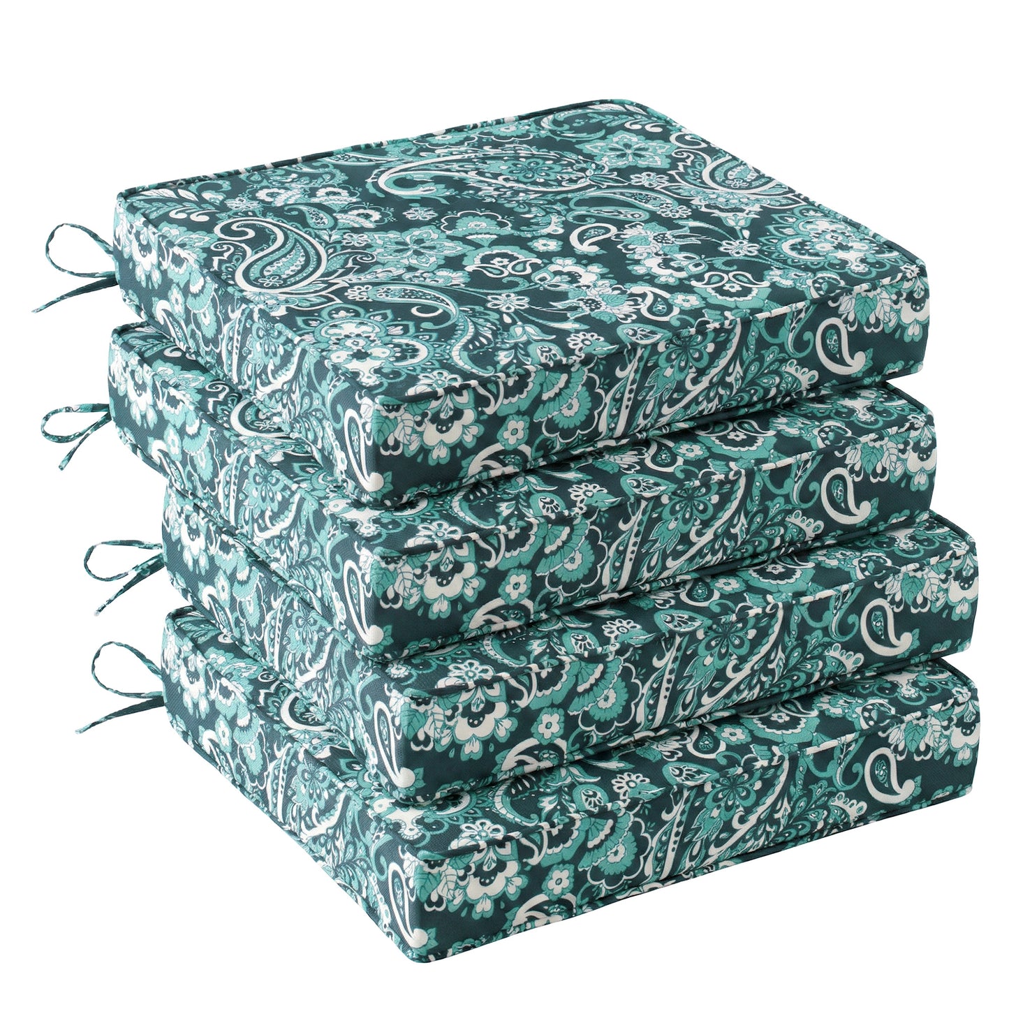 UNIKOME Outdoor Chair Cushions Set of 4, Water Resistant Patio Seat Cushions with Ties for Outdoor Furniture, High-Density Foam, UV & Fade Resistant, Piped Edge – 18.5" x 16" x 3", Boho Teal Paisley