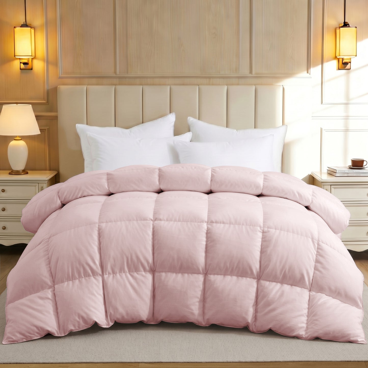 UNIKOME Goose Feather Down Fiber Comforter King Size, All Season Hotel Luxury Bedding Comforter, Ultra Soft Fluffy Duvet Insert with Downproof Cover, 8 Corner Loops (King, Pink, 104"X88")