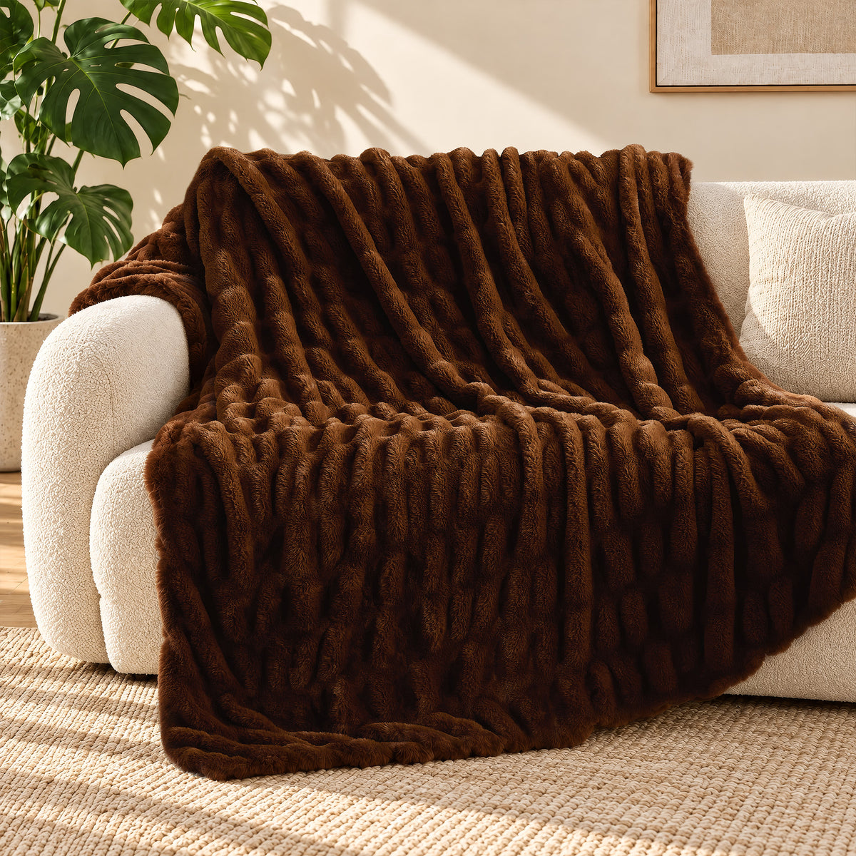 puredown®Faux Rabbit Fur Throw Blanket for Couch, 50"x60" Brown