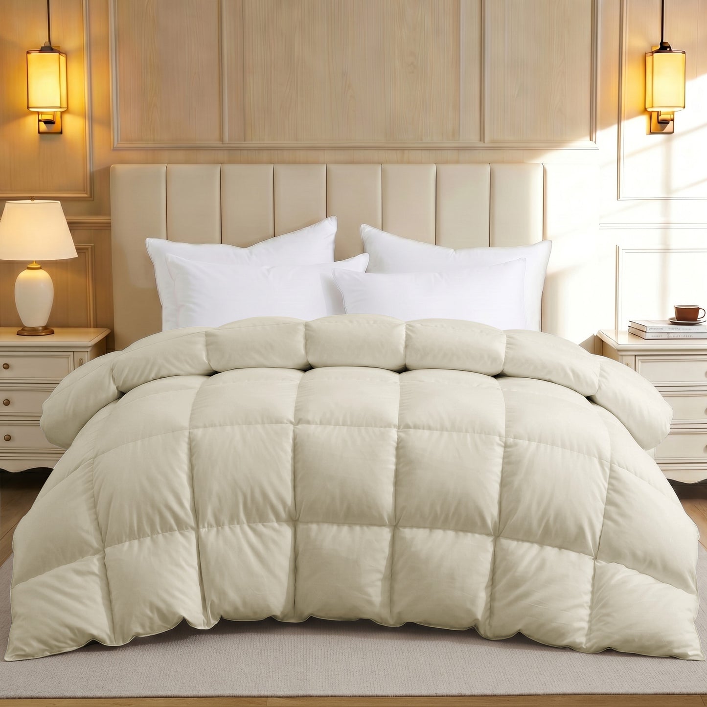 UNIKOME Goose Feather Down Fiber Comforter Queen Size, All Season Hotel Luxury Bedding Comforter, Ultra Soft Fluffy Duvet Insert with Downproof Cover, 8 Corner Loops (Full/Queen, Cream, 88"X88")