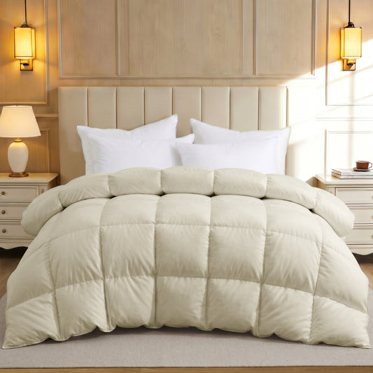 UNIKOME Goose Feather Down Fiber Comforter Twin Size, All Season Hotel Luxury Bedding Comforter, Ultra Soft Fluffy Duvet Insert with Downproof Cover, 8 Corner Loops (Twin, Cream, 68"X88")